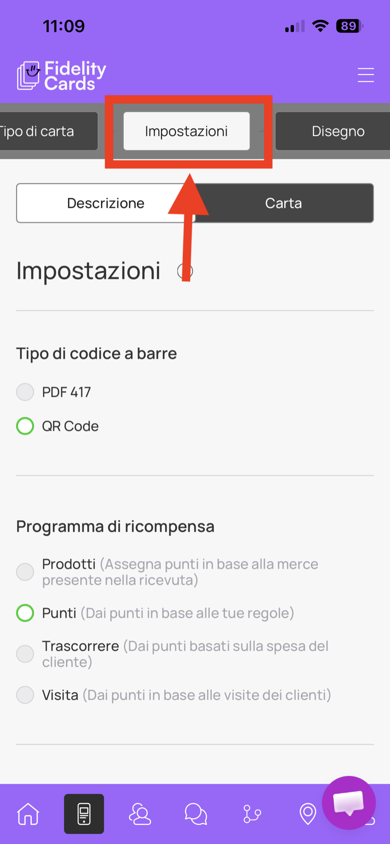 Sezione Impostazioni