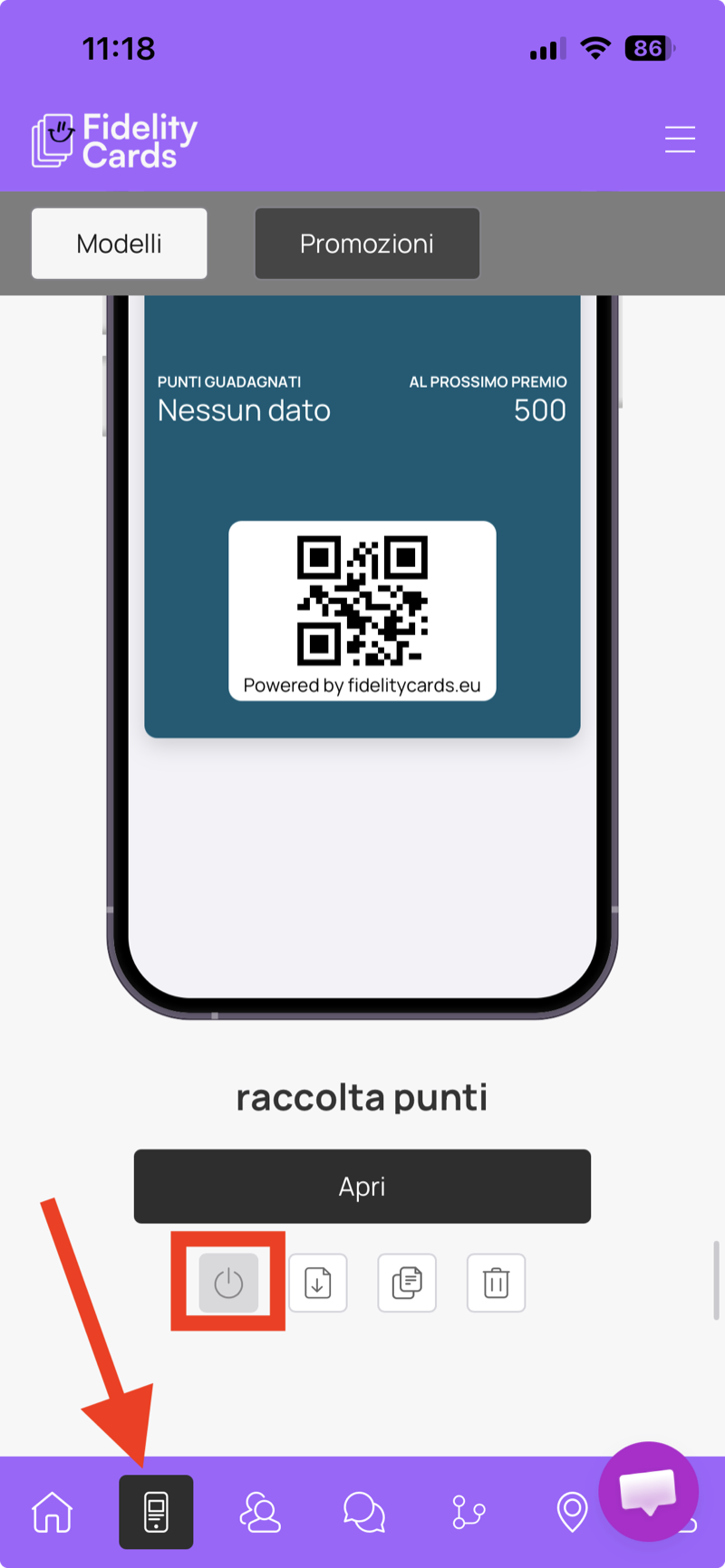 Tasto di accensione della carta