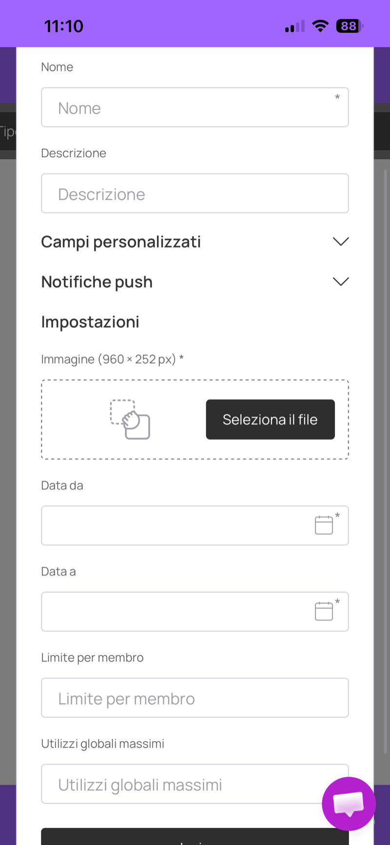 Form di creazione della promozione