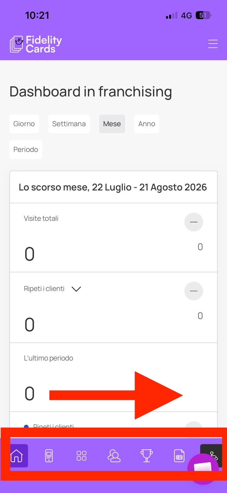 Menu in basso: scorrere verso destra