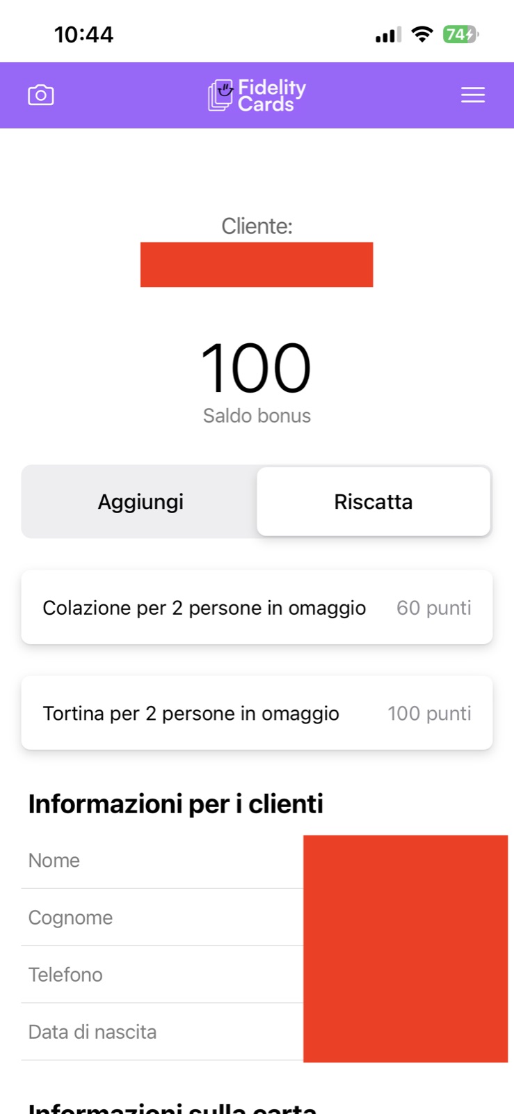 Sezione Riscatta con i premi disponibili