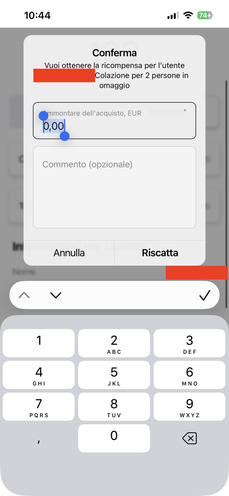 Conferma del riscatto con importo
