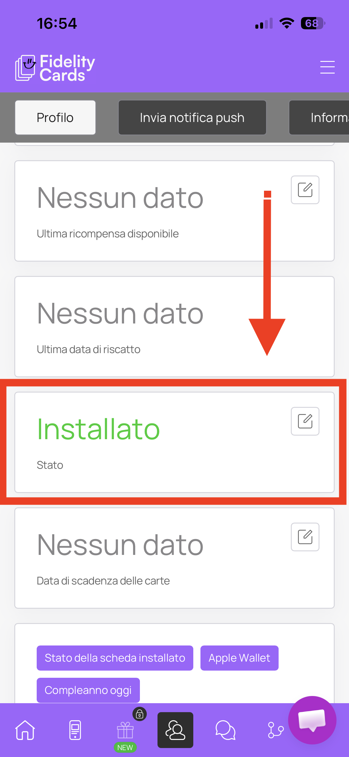 Sezione Stato del profilo cliente