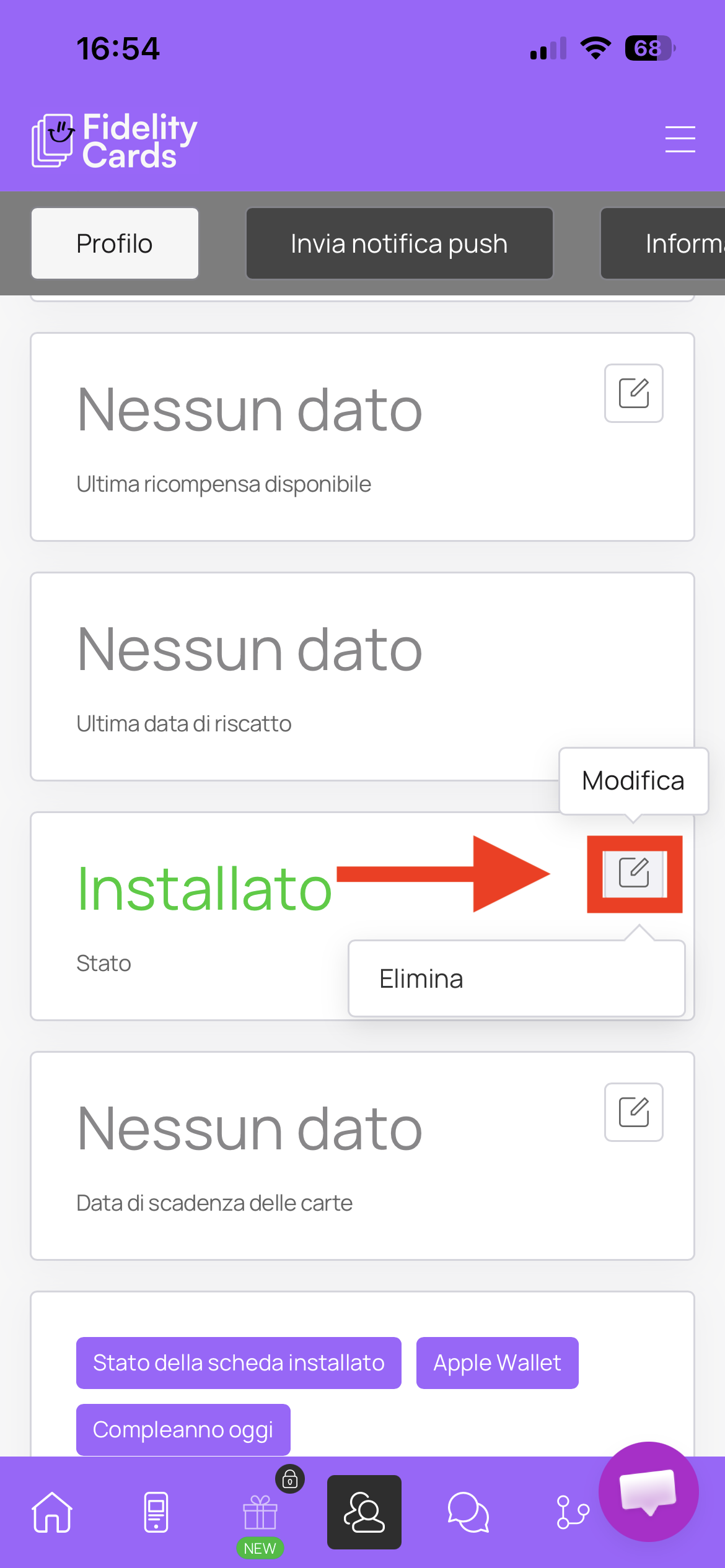 Icona di modifica e voce Elimina